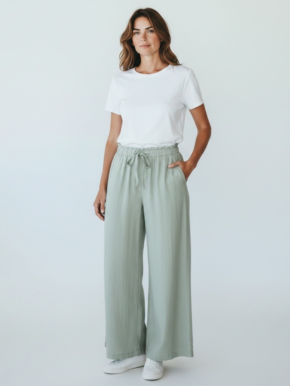 Thread & Supply Linen Blend Wide-Leg Drawstring Pants in Sage Green - XL